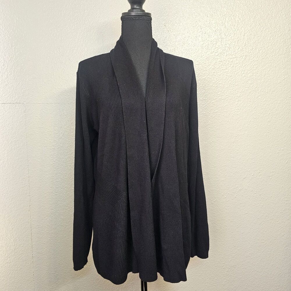Lagenlook Black Ribbed Open Front Cardigan XL Soft  Lightweight Minimalist Y0082